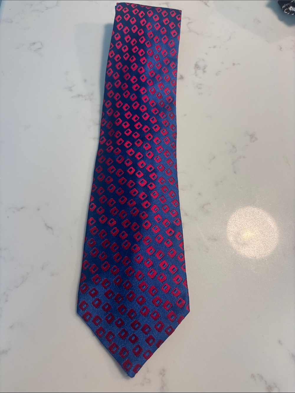 Charvet Blue Silk Tie with Pink Geometric Motif